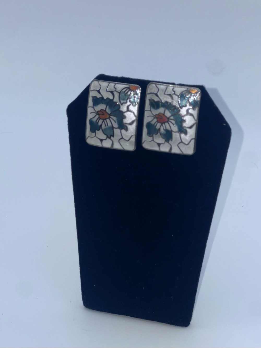 Vintage Floral Tile Enamel Square Stud Earrings - White and Teal
